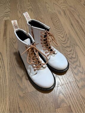 Dr. Martens White Kids Combat Boots with Rose Gold Laces
